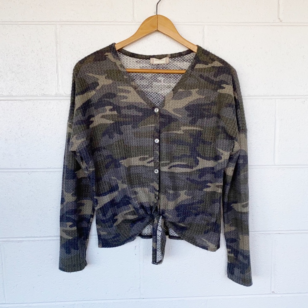Altar'd State Dreamin' in Thermal Brushed Fleece Tie Front Camo Top